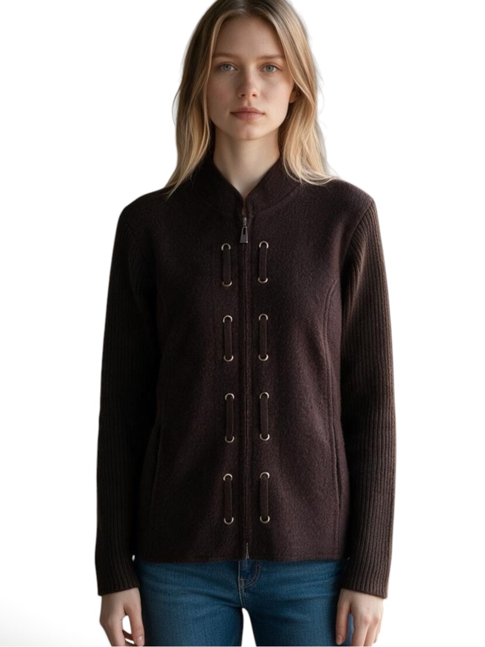 Women’s Espresso Wool Zip Front Knit Jacket SZ L Military Layering Hobo Academia